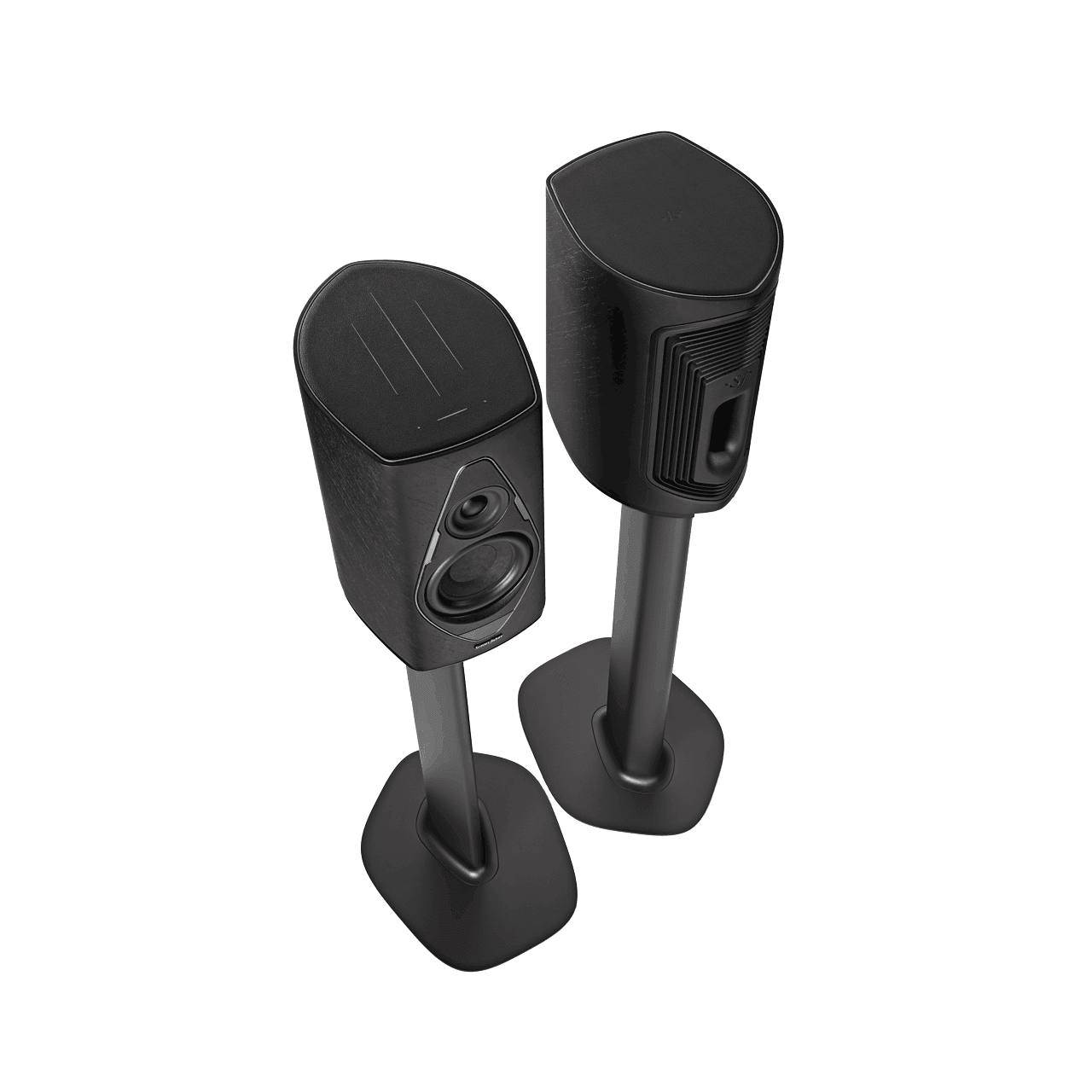 Coppia di diffusori Sonus faber Duetto in legno di grafite su supporti per altoparlanti.