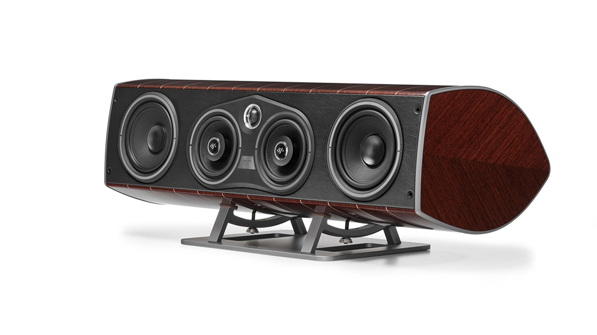 Front view: Sonus faber Vox G3 home cinema speaker in Wenge Wood - Italian Leather finish.