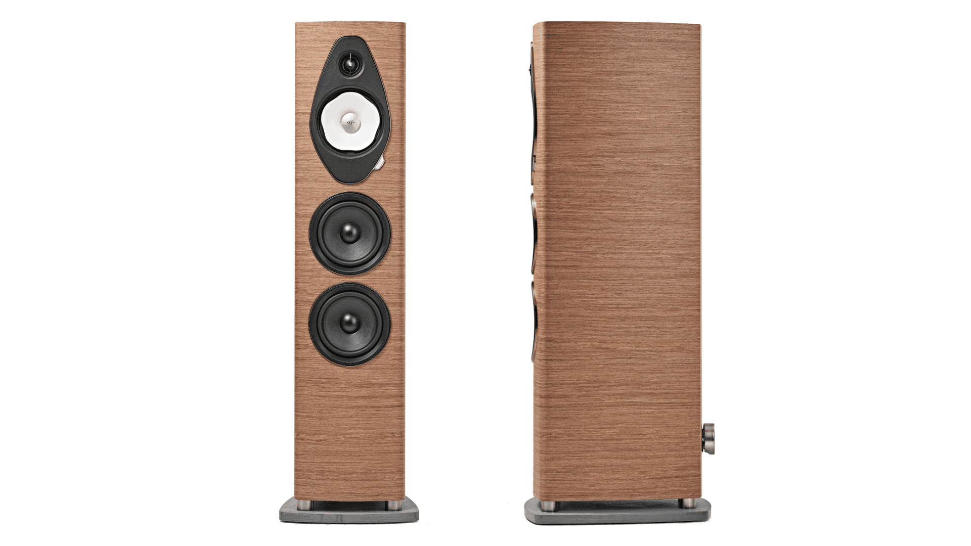 Coppia di diffusori da pavimento Sonus faber Sonetto V in legno di noce, con vista frontale e laterale.