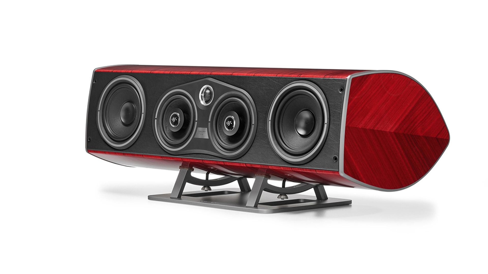 Sonus faber's Vox G3 home cinema speaker in Red Wood, Italian Leather finish.