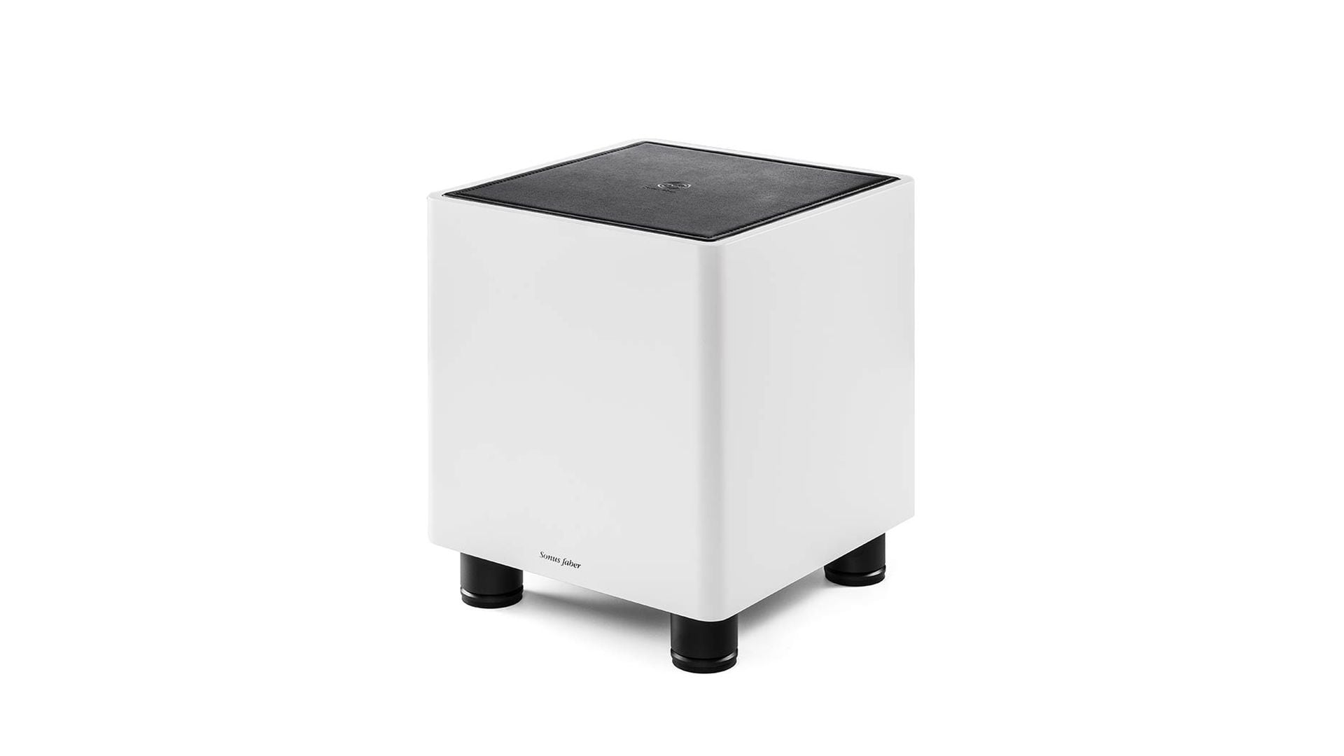 Sonus faber Gravis I subwoofer, showcasing matte white lacquer and a black leather top for a sleek, clean aesthetic.