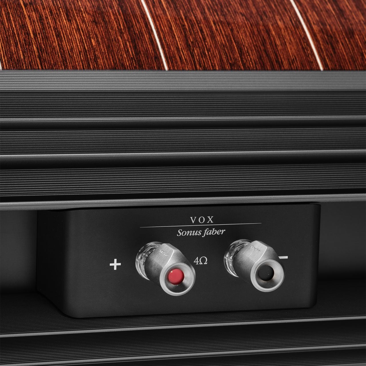 Close-up of Sonus faber Vox G3 home cinema speaker, showcasing the iconic Wenge Wood finish and discreet ports