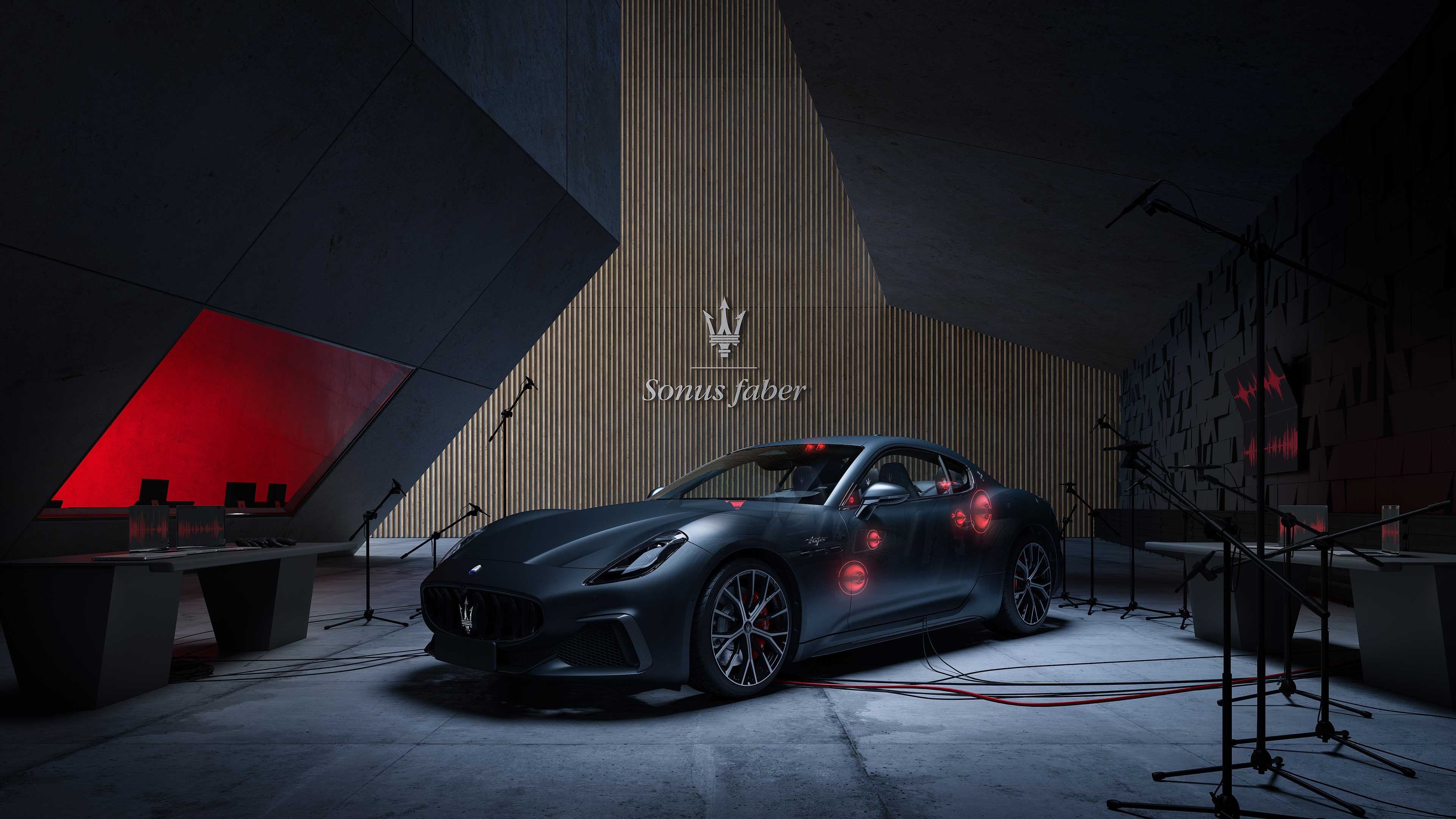 A Maserati proudly displayed, showcasing the partnership between Maserati and Sonus faber.
