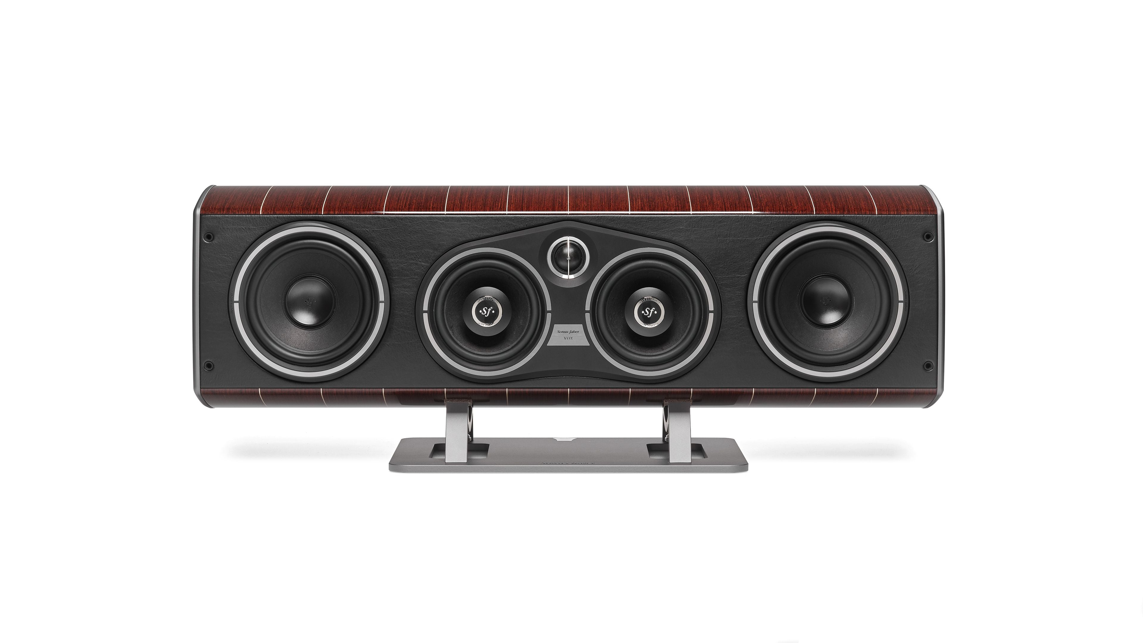 Sonus faber's Vox G3 home cinema speaker, showcasing Wenge Wood and Italian leather finishes.