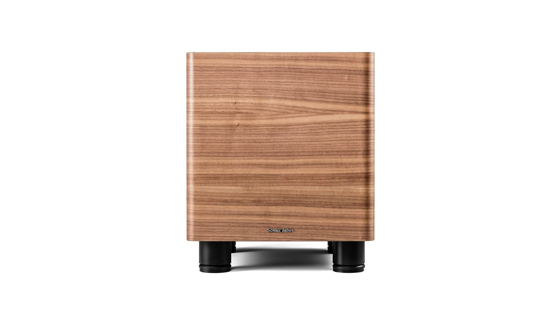 Close-up of the front of a Sonus faber Gravis I subwoofer showcasing the rich walnut wood, highlighting its natural and elegant material.