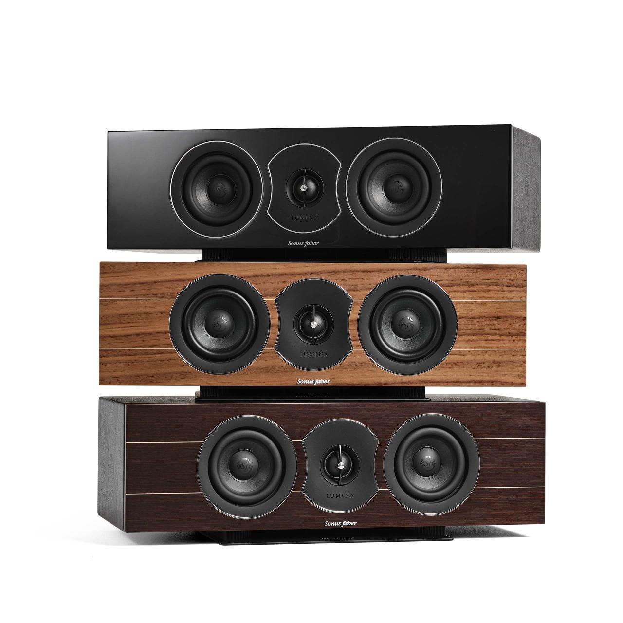 A trio of Sonus faber Lumina CI center channel speakers stacked to display various finishes: Piano Black, Walnut, and Wenge Wood.