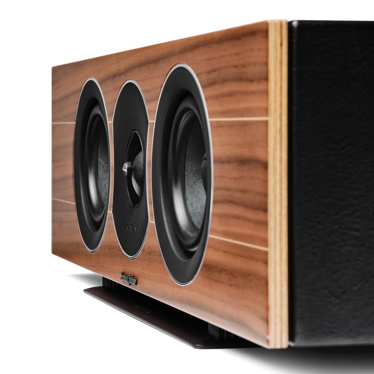 Close-up view of the Lumina CI center channel speaker by Sonus faber, highlighting the exquisite walnut wood finish.