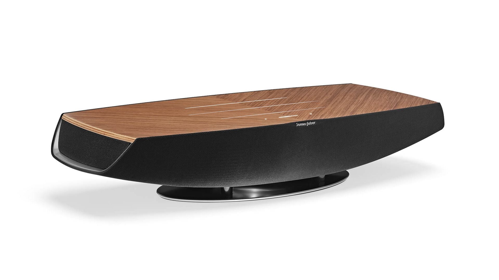 Sonus faber Omnia wireless bookshelf speaker in Walnut, Black fabric, and Aluminum/Titanium finishes.