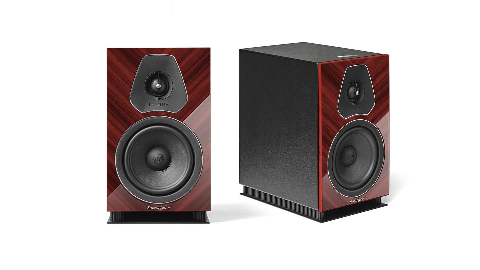 A pair of Sonus faber Lumina II Amator speakers in red high gloss multilayer wood with black leather, showcasing the Italian design.