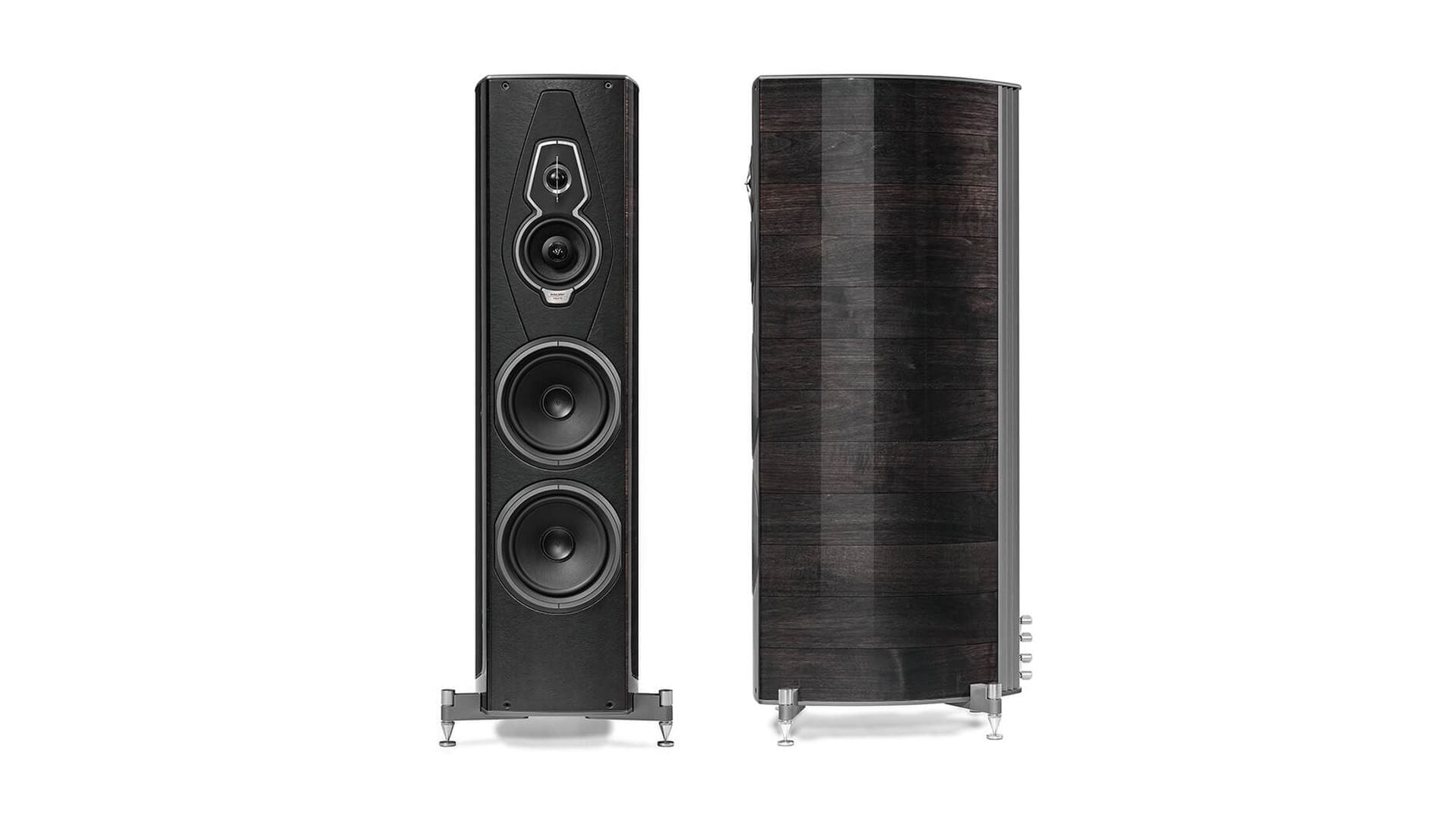 Amati G5 speakers: Graphite Wood - Italian Leather finish. Front and side angles highlight intricate design and rich hues.