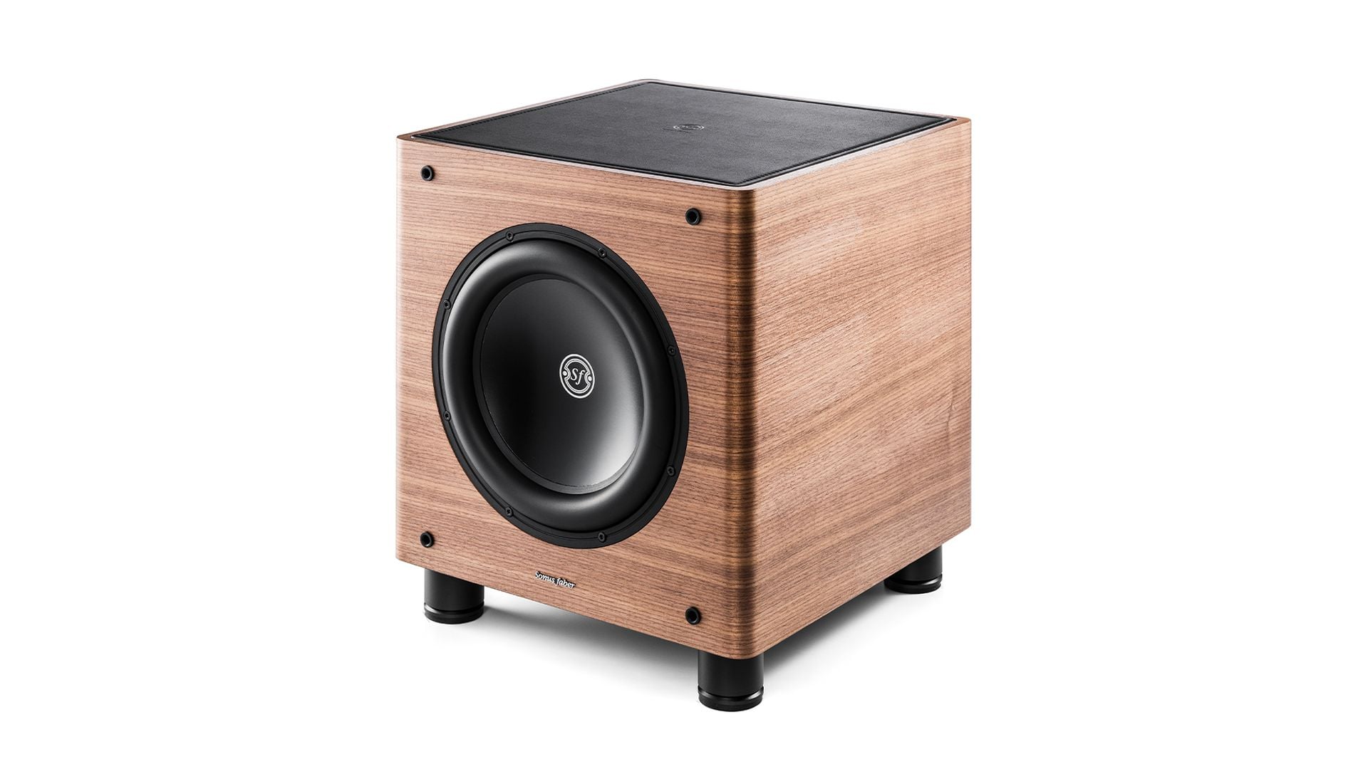 Сабвуфер Sonus faber Gravis II с теплыми тонами древесины ореха и гладкой верхней панелью из черной кожи.
