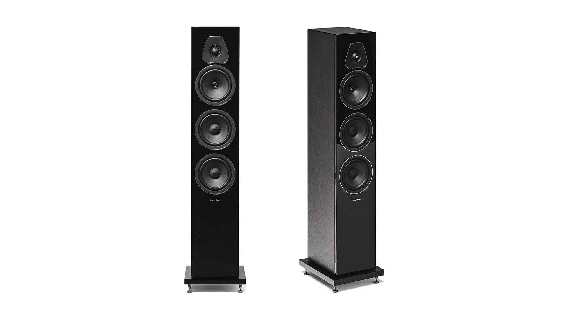 Sonus faber Lumina III floorstanding speakers in piano black lacquered multilayer wood with black leather, presenting a sleek aesthetic.