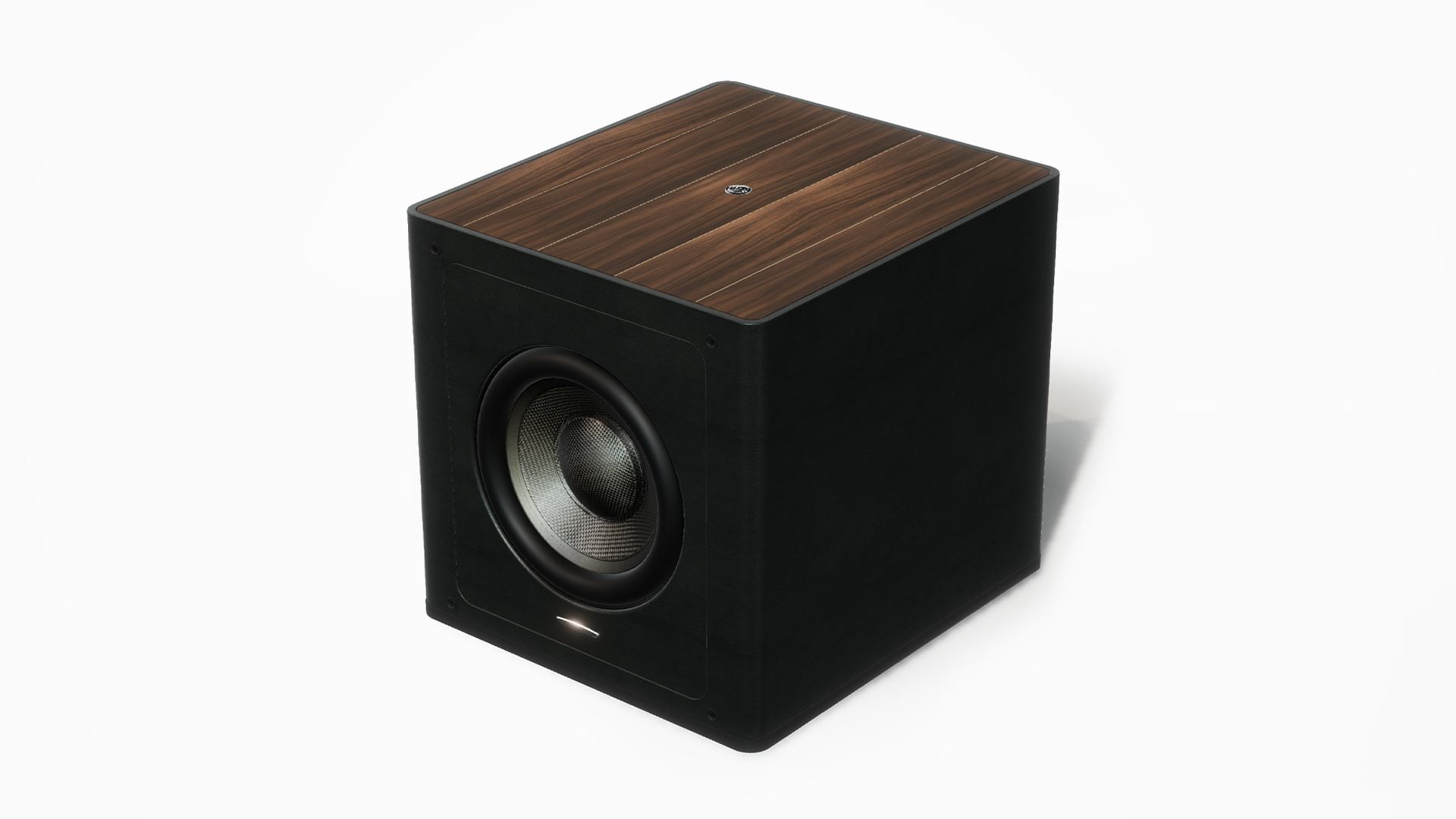 Сабвуфер Sonus faber Gravis III с отделкой из орехового дерева и черной кожи демонстрирует итальянский дизайн.