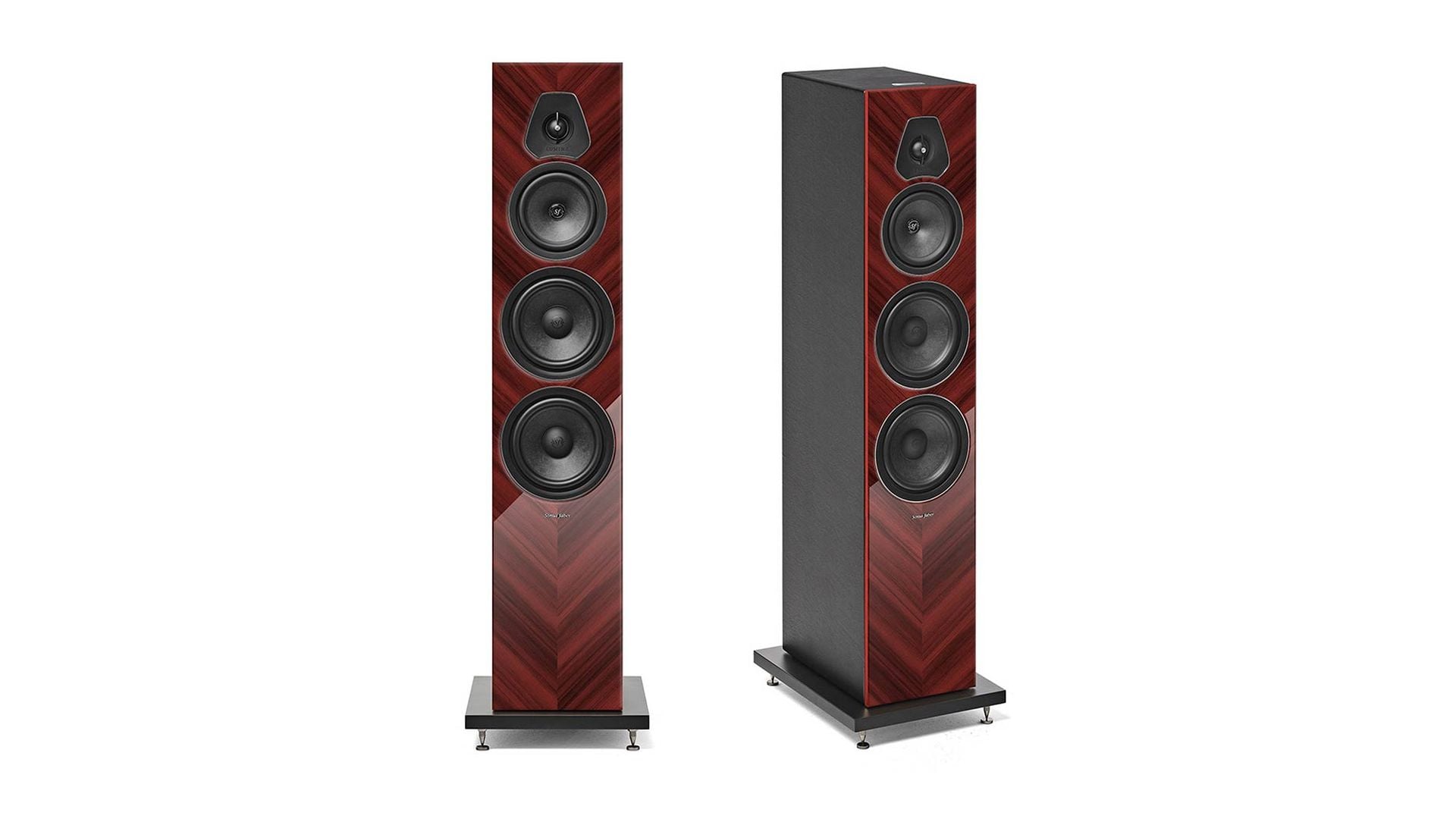 A pair of Sonus faber Lumina V Amator floorstanding speakers in red high gloss multilayer wood with black leather accents.