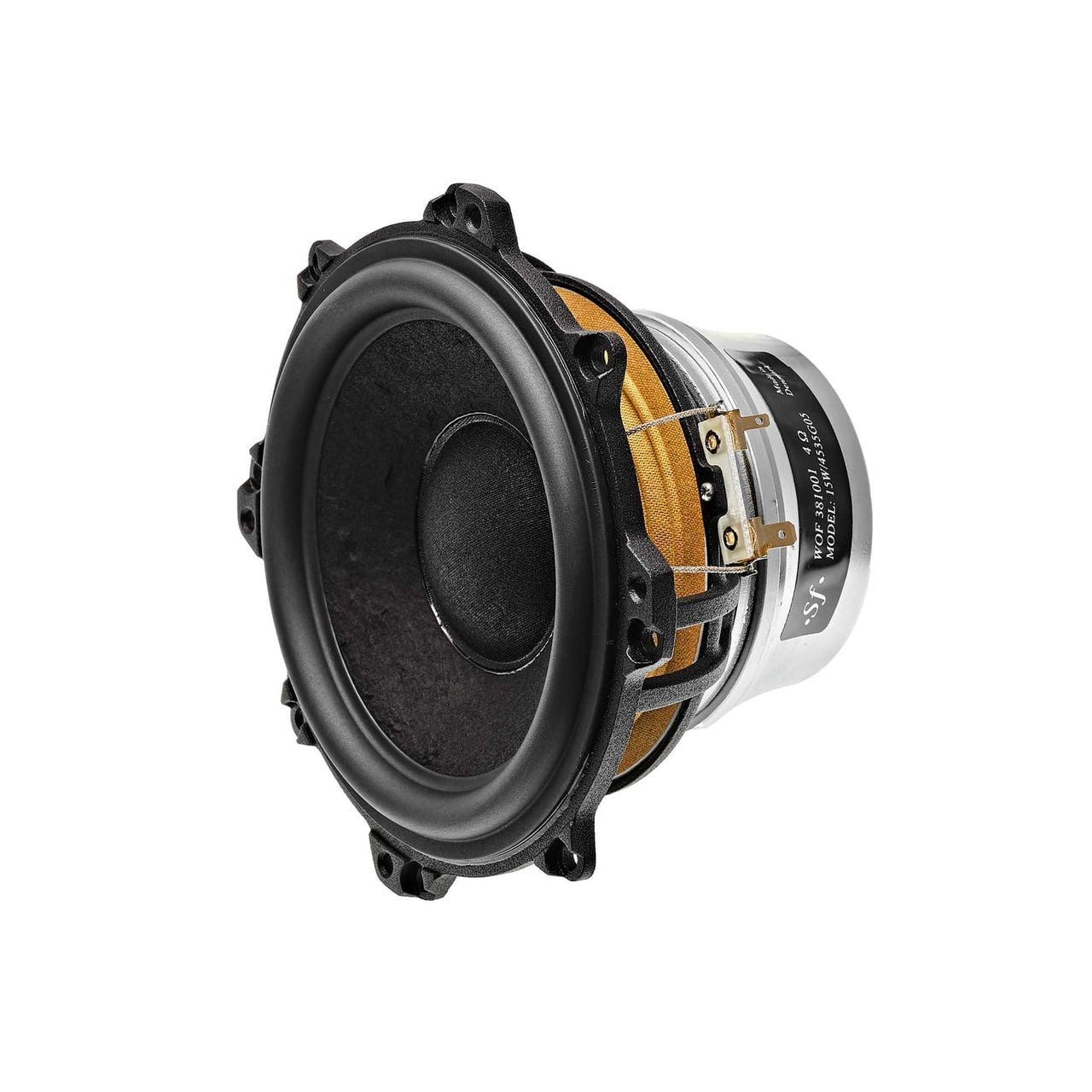 Primo piano del midwoofer Guarneri G5 di Sonus faber, ottimizzato per il controllo con un sistema motore al neodimio.