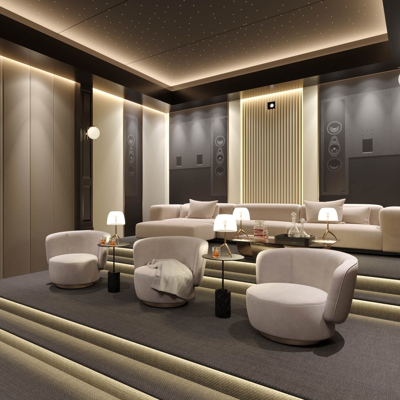 A home theater space with staggered seating, featuring custom-installed Sonus faber Arena Collection speakers.