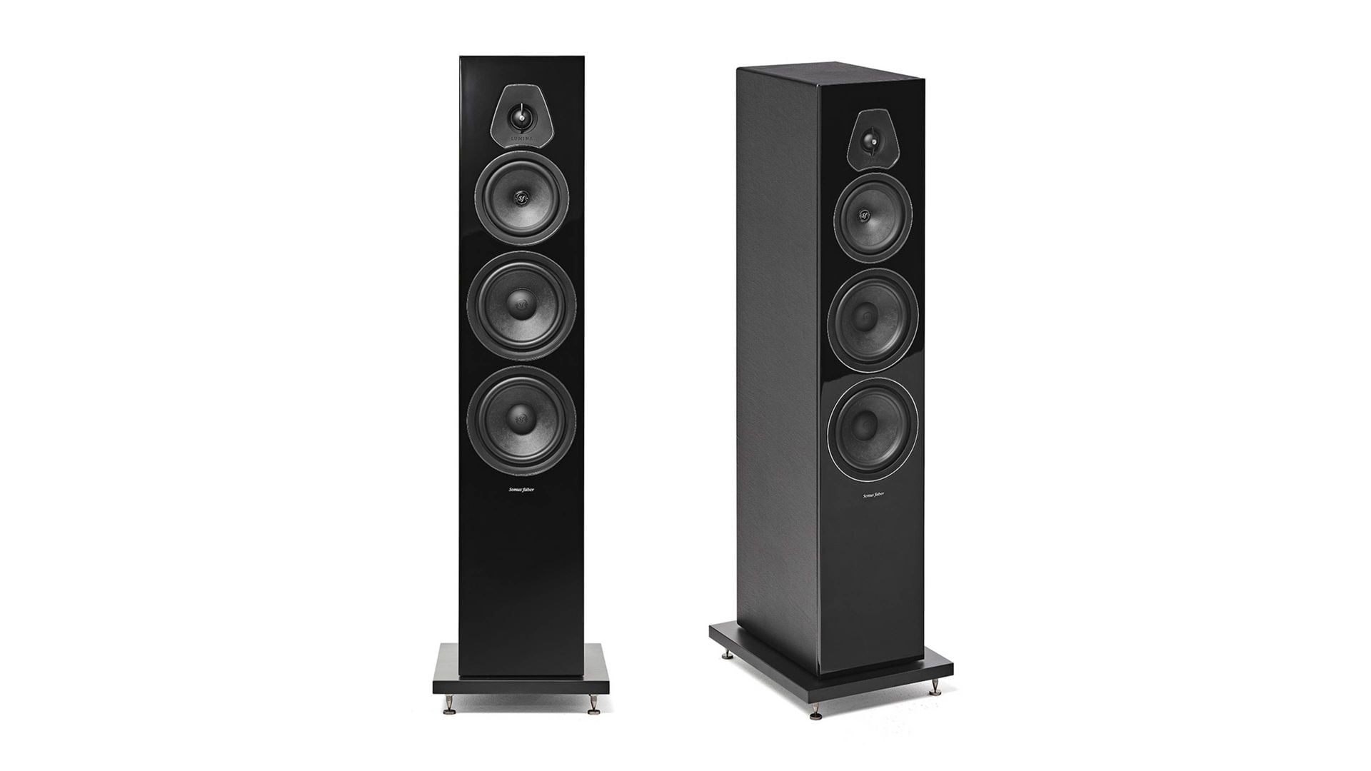 Duo of Sonus faber Lumina V floorstanding speakers in piano black lacquered multilayer wood with black leather accents.